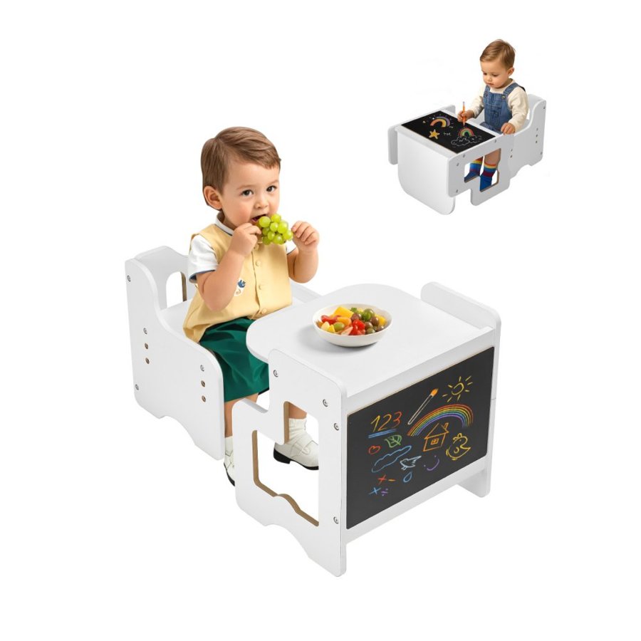 VEVOR Montessori Weaning Table and Chair Set, 3 In 1 Wooden Toddler Table and Chairs with Chalkboard, Adjustable Height Montessori Table for Ages 1-5, Ideal for Drawing, Reading, Eating - White