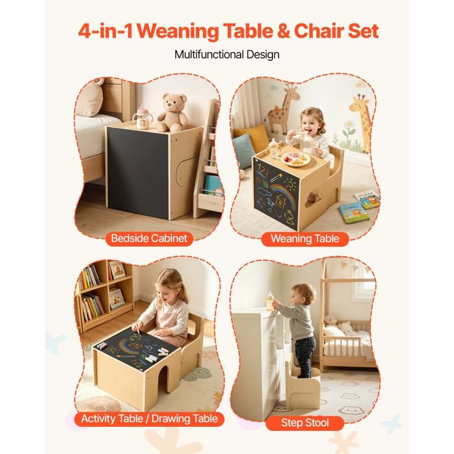VEVOR Montessori Weaning Table and Chair Set, Wooden, Kids Table and Chair Set for Toddlers 1-5, Step Stool with Blackboard and Storage Space, Easy to Clean, for Eating, Drawing, Reading, Playing