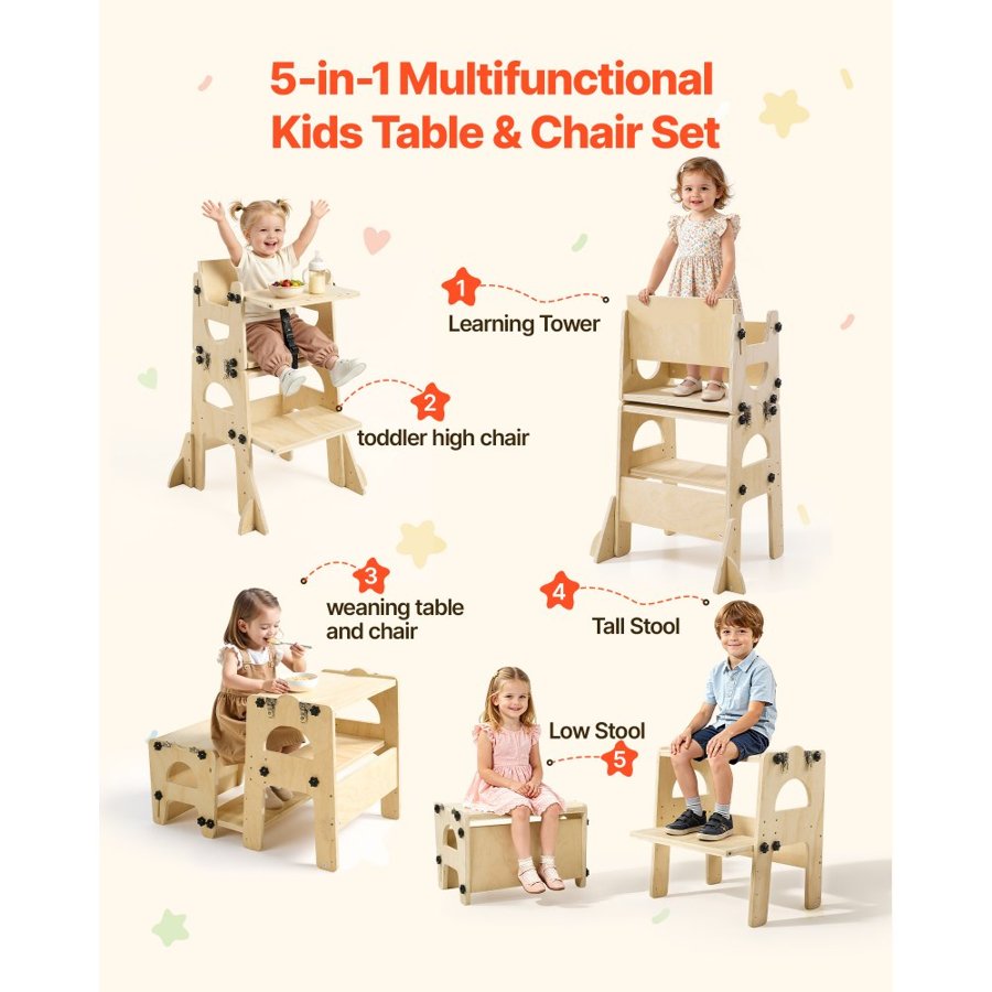 VEVOR Toddler Tower, Wooden, Adjustable Kitchen Step Stool for Kids 1-5, Montessori Weaning Table and Chair Set, Learning Standing Tower with Chalkboard, Backrest, for Bathroom and Kitchen Counter