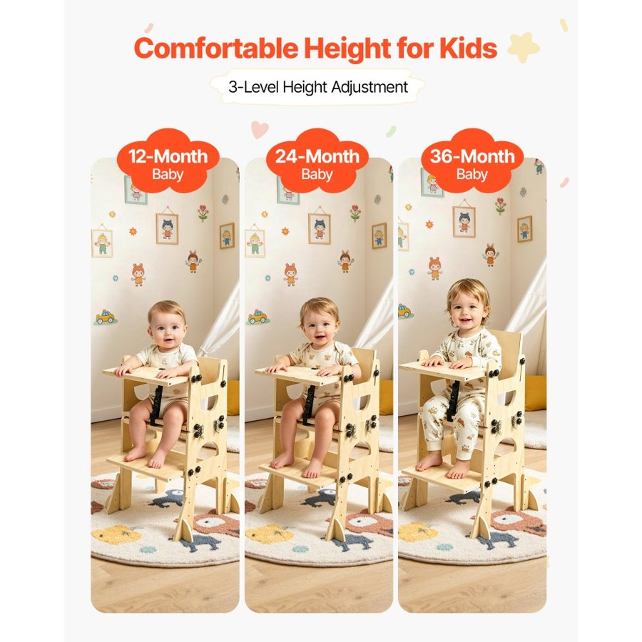 VEVOR Toddler Tower, Wooden, Adjustable Kitchen Step Stool for Kids 1-5, Montessori Weaning Table and Chair Set, Learning Standing Tower with Chalkboard, Backrest, for Bathroom and Kitchen Counter