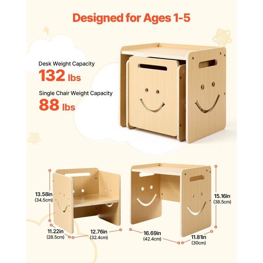 VEVOR Montessori Weaning Table and Chair Set, Wooden, Kids Table and Chair Set for Toddlers 1-5, Step Stool with Whiteboard and 3 Heights Adjustable, Easy to Clean, for Eating Drawing Reading Playing