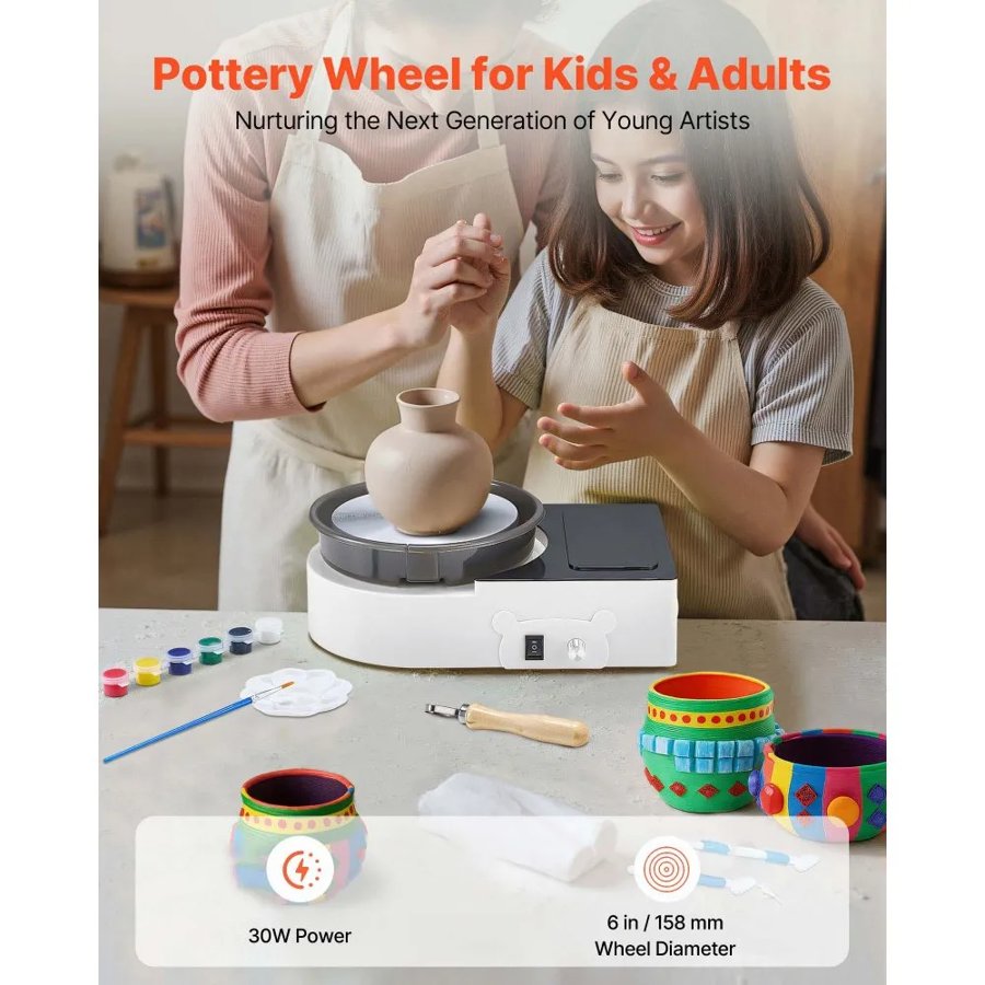 VEVOR Mini Pottery Wheel, 158 mm Turntable, Forward and Reverse Rotation, Adjustable Speed, Electric Clay Wheel for Kids and Adults, with Clay Shaping Tools, for Home DIY, Pottery Classes, White