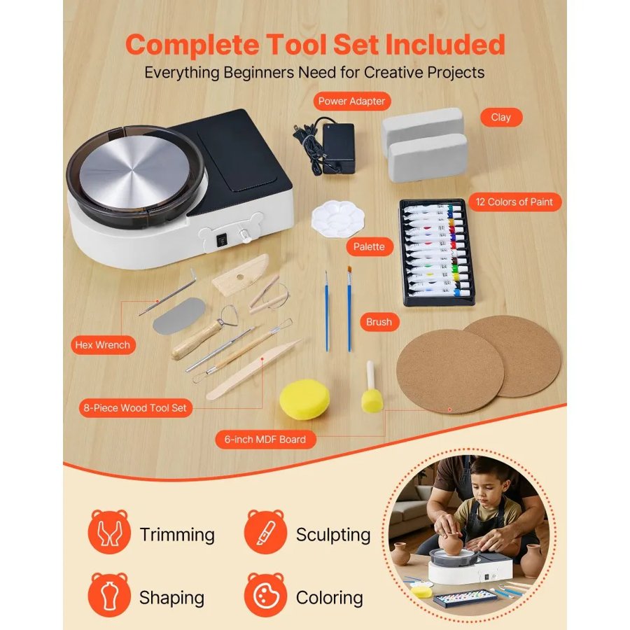 VEVOR Mini Pottery Wheel, 158 mm Turntable, Forward and Reverse Rotation, Adjustable Speed, Electric Clay Wheel for Kids and Adults, with Clay Shaping Tools, for Home DIY, Pottery Classes, White