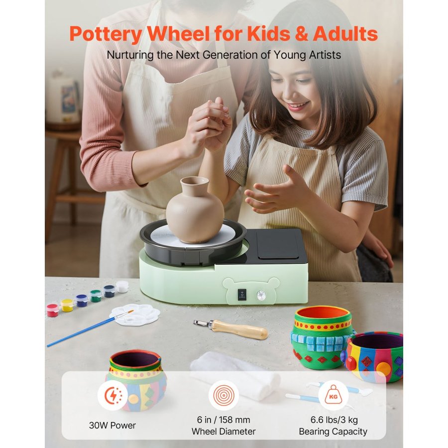 VEVOR Mini Pottery Wheel, 158 mm Turntable, Forward and Reverse Rotation, Adjustable Speed, Electric Clay Wheel for Kids and Adults, with Clay Shaping Tools, for Home DIY, Pottery Classes, Green