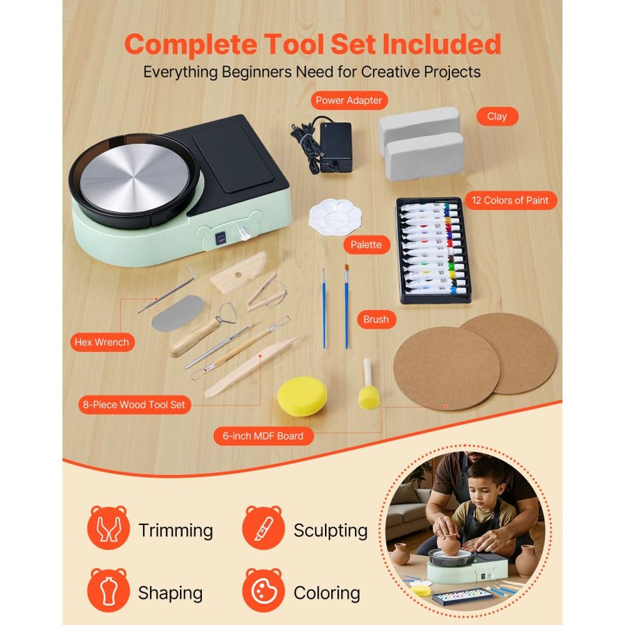 VEVOR Mini Pottery Wheel, 158 mm Turntable, Forward and Reverse Rotation, Adjustable Speed, Electric Clay Wheel for Kids and Adults, with Clay Shaping Tools, for Home DIY, Pottery Classes, Green