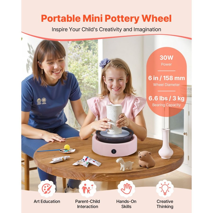 VEVOR Mini Pottery Wheel, 158 mm Turntable, Forward and Reverse Rotation, Adjustable Speed, Electric Clay Wheel for Kids and Beginners, with Shaping Tools, for Home DIY, Pottery Classes, Pink