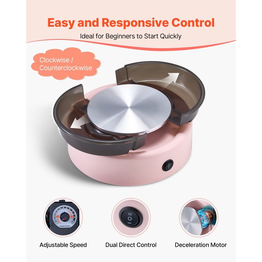 VEVOR Mini Pottery Wheel, 158 mm Turntable, Forward and Reverse Rotation, Adjustable Speed, Electric Clay Wheel for Kids and Beginners, with Shaping Tools, for Home DIY, Pottery Classes, Pink