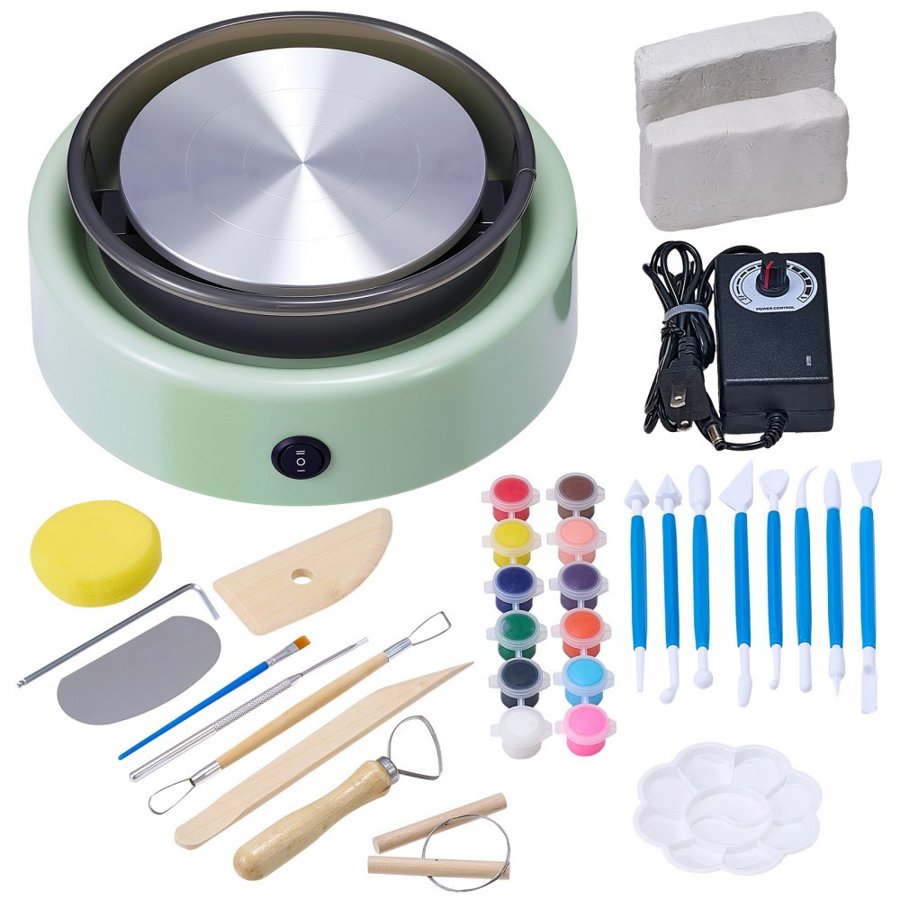 VEVOR Mini Pottery Wheel, 158 mm Turntable, Forward and Reverse Rotation, Adjustable Speed, Electric Clay Wheel for Kids and Beginners, with Shaping Tools, for Home DIY, Pottery Classes, Green