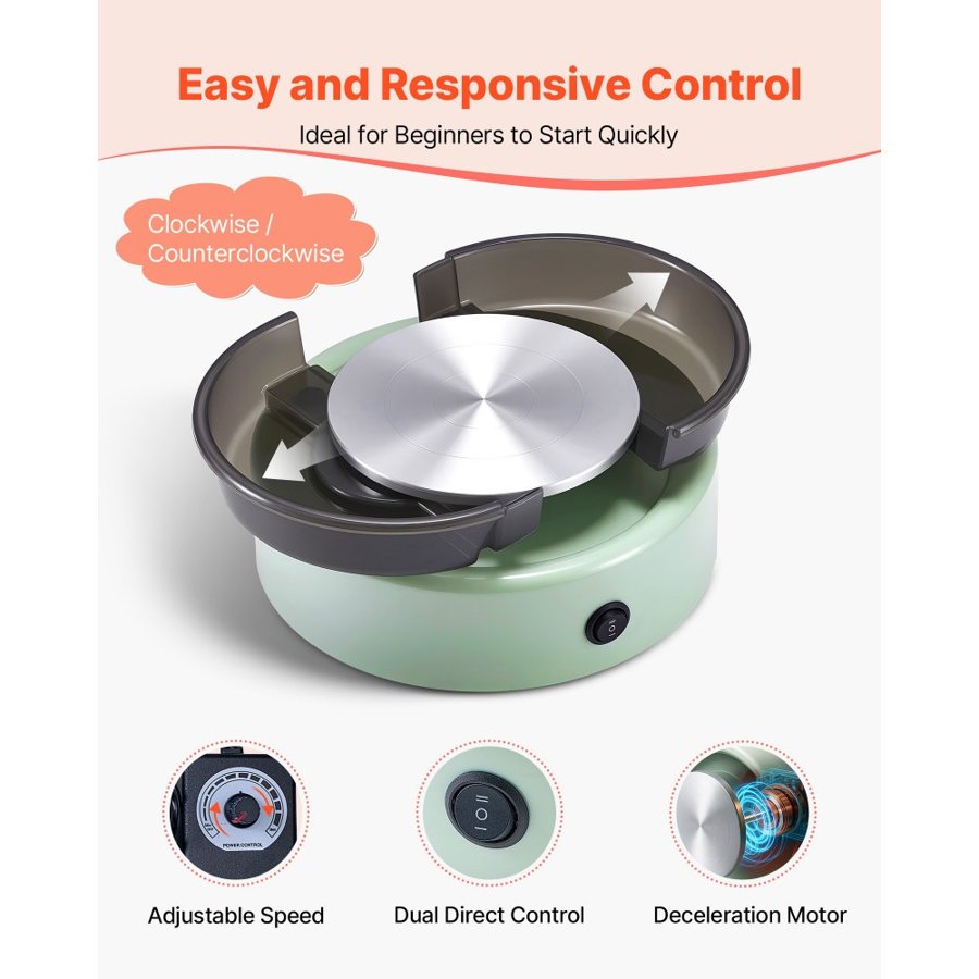 VEVOR Mini Pottery Wheel, 158 mm Turntable, Forward and Reverse Rotation, Adjustable Speed, Electric Clay Wheel for Kids and Beginners, with Shaping Tools, for Home DIY, Pottery Classes, Green