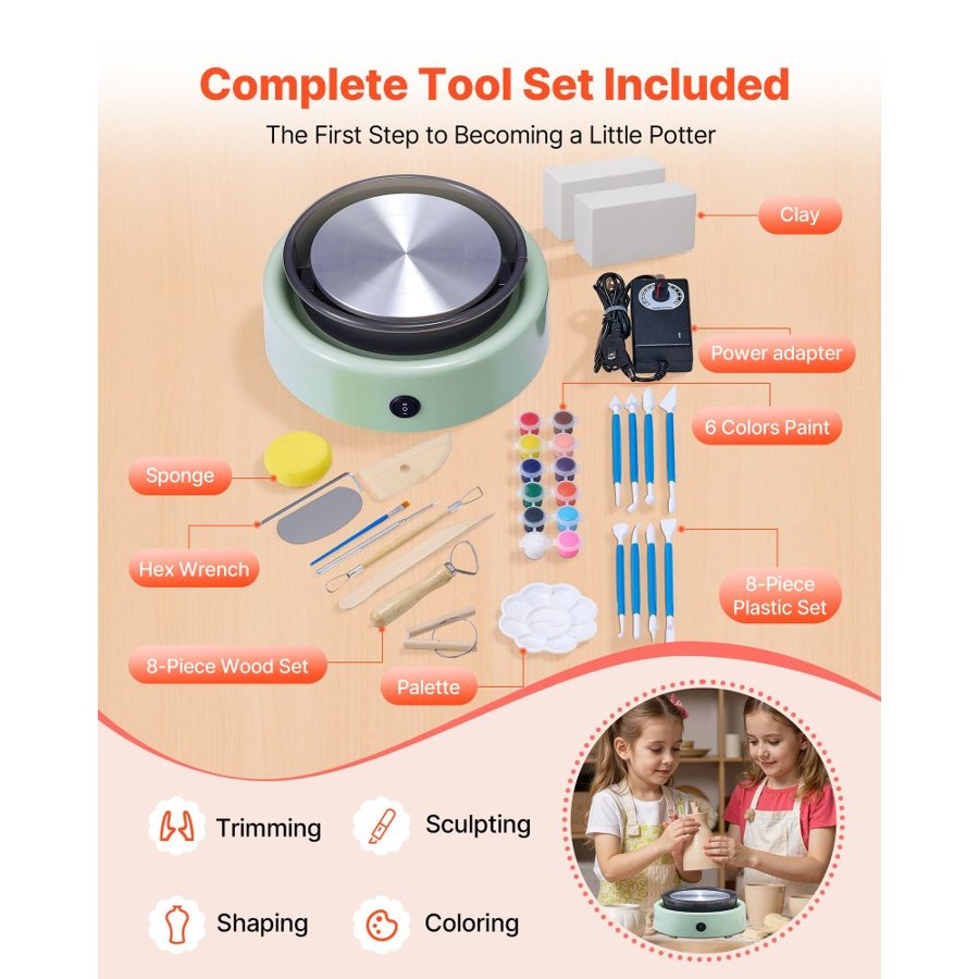 VEVOR Mini Pottery Wheel, 158 mm Turntable, Forward and Reverse Rotation, Adjustable Speed, Electric Clay Wheel for Kids and Beginners, with Shaping Tools, for Home DIY, Pottery Classes, Green