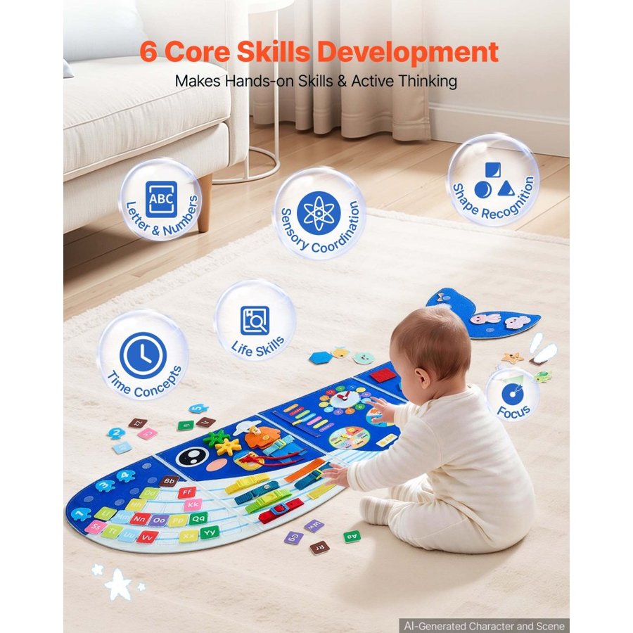 VEVOR Felt Wall Busy Board 12-in-1 Whale Foldable Montessori Activity Toys, Travel Daycare, Classroom, Playroom, Home, Educational Sensory Panel, with Numbers Letters Animals Shapes Learning Pieces