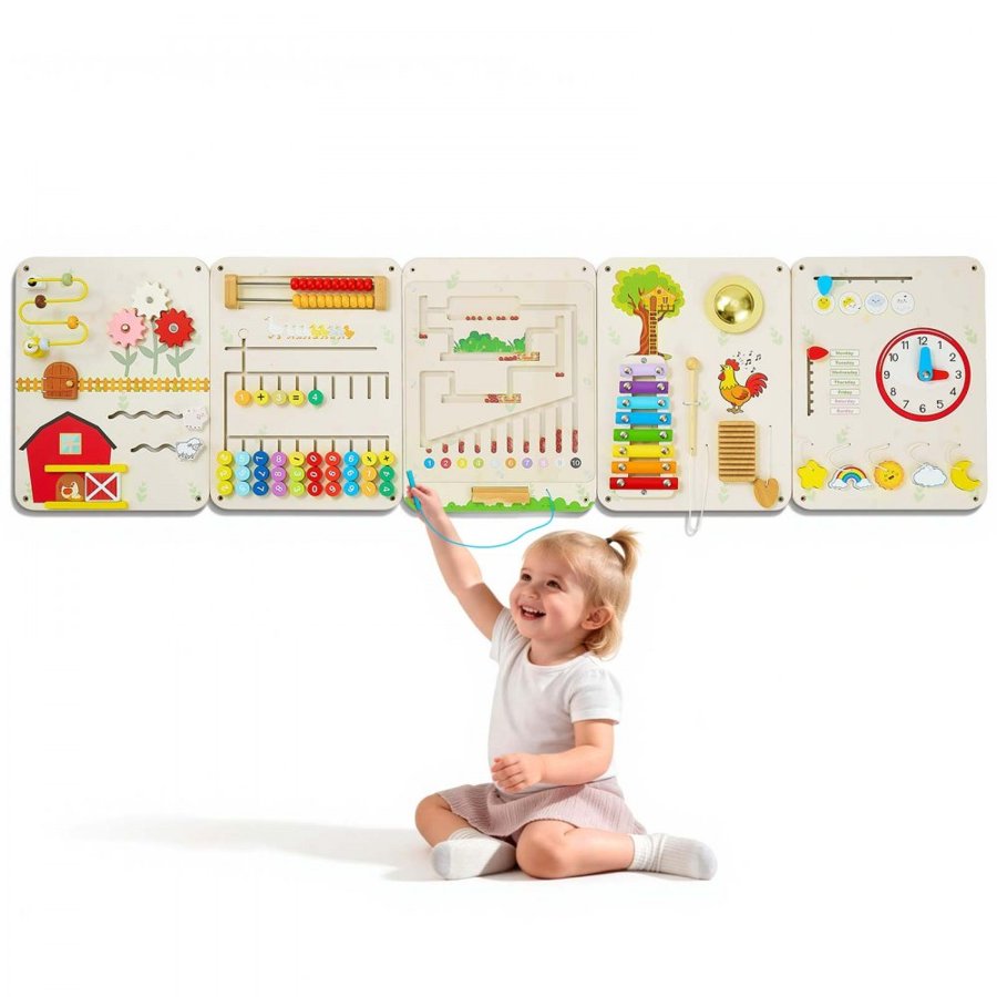 VEVOR Wall Busy Board, 16-in-1 5 Panels Montessori Sensory Activity Panels, Learning Activity Center for Daycare, Classroom, Playroom, and Home, Sturdy Wooden Educational Toys, with Mounting Hardware