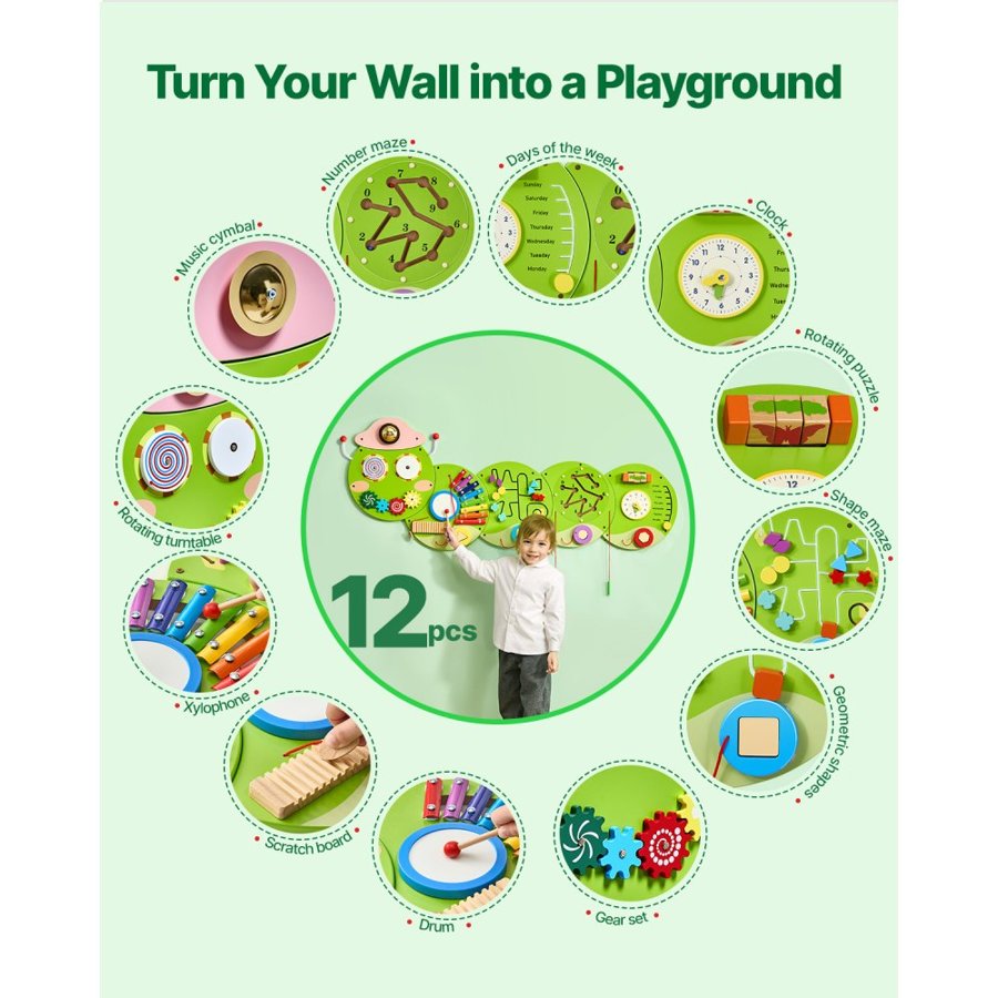 VEVOR Activity Wall Busy Board Panels, 12 Activities, Montessori Sensory Wall Panels Toy for Kids Ages 3-12, Interactive Learning Activity Center, Great for Toddler, Playroom, Nursery, Classroom