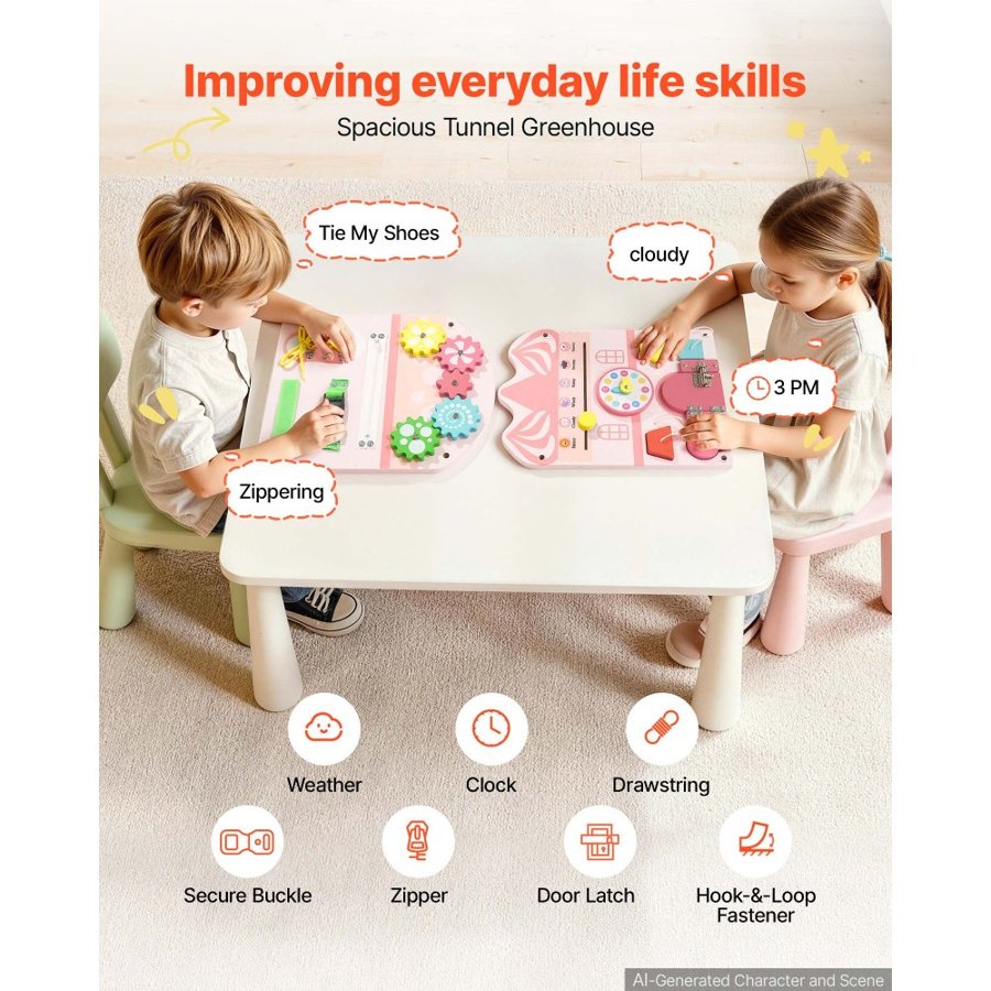 VEVOR Wall Busy Board, 14-in-1 Castle Montessori Sensory Activity Panels, Learning Activity Center for Daycare, Classroom, Playroom, and Home, Sturdy Wooden Educational Toys, with Mounting Hardware