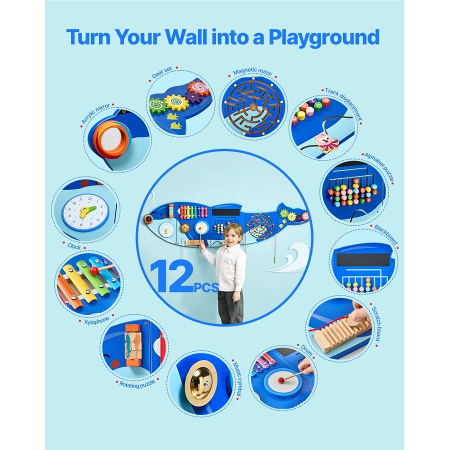 VEVOR Orca Activity Wall Busy Board Panels, 12 Activities, Montessori Sensory Wall Toy for Kids 3-12 Years, Montessori Learning Activity Center, Ideal for Toddler Playroom Nursery Classroom