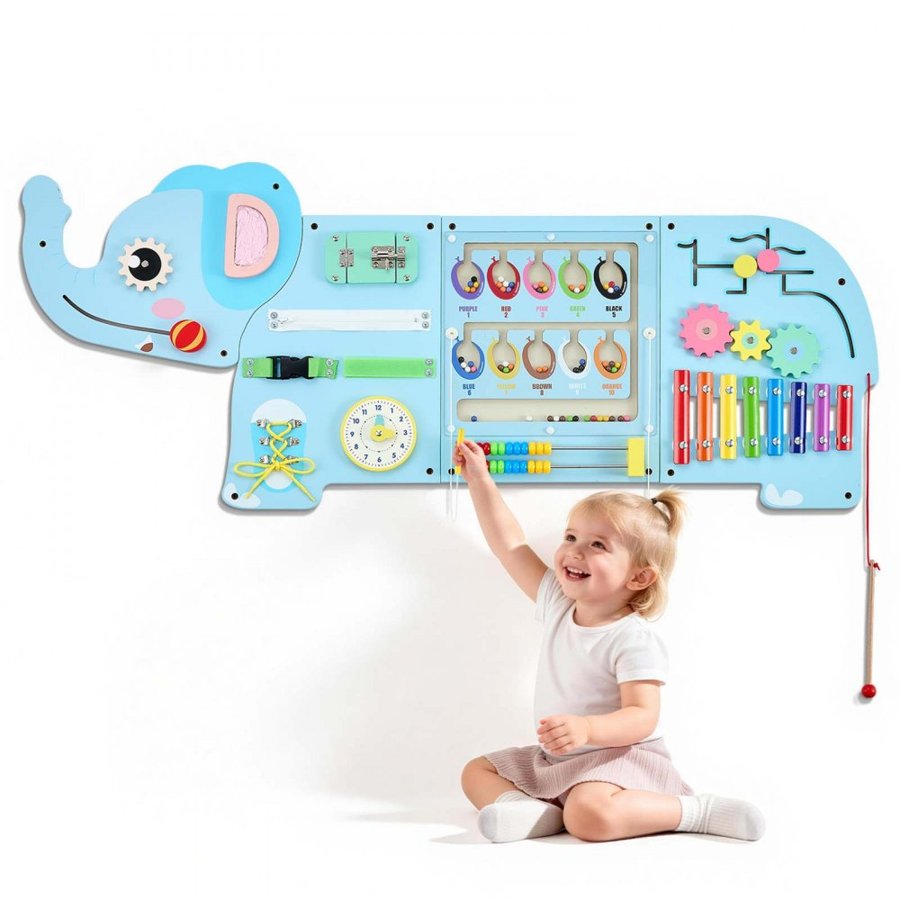 VEVOR Wall Busy Board, 14-in-1 Elephant Montessori Sensory Activity Panels, Learning Activity Center for Daycare, Classroom, Playroom, and Home, Sturdy Wooden Educational Toys, with Mounting Hardware