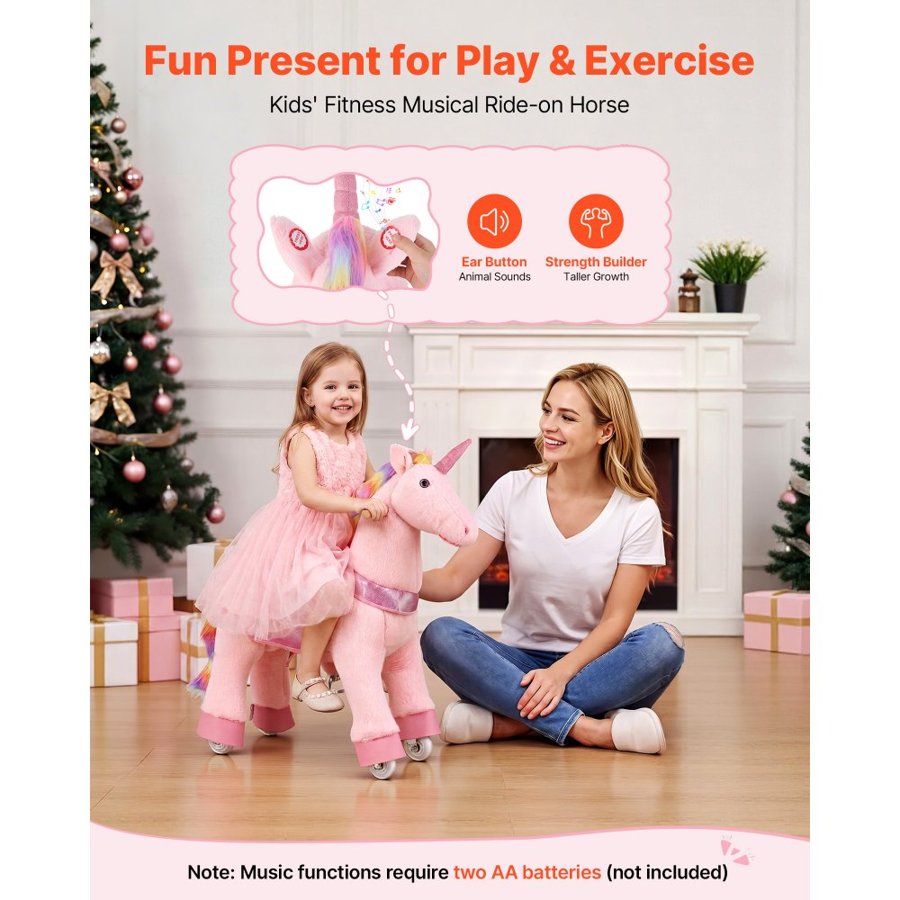 VEVOR Ride On Horse, Riding Pink Unicorn Toys for Kids, No Battery Required, Smooth Wheels with Anti-Roll Stop Ring, Upgraded Raised Seat, Handles, Pedals, 50 kg Max Load Capacity for Ages 3-8