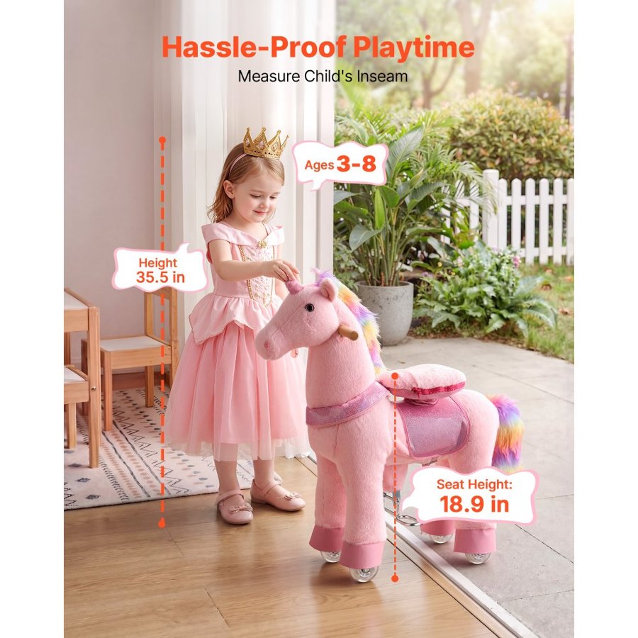 VEVOR Ride On Horse, Riding Pink Unicorn Toys for Kids, No Battery Required, Smooth Wheels with Anti-Roll Stop Ring, Upgraded Raised Seat, Handles, Pedals, 50 kg Max Load Capacity for Ages 3-8