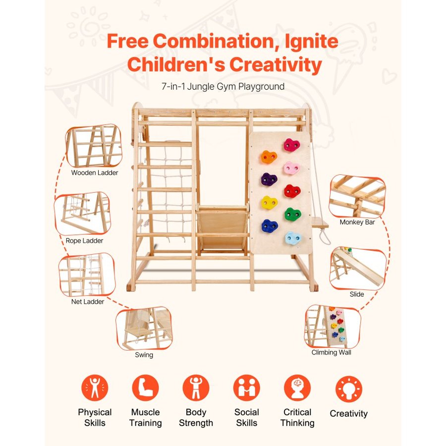 VEVOR Toddler Jungle Gym Indoor – 7-in-1, 43 x 47 x 47 Inch