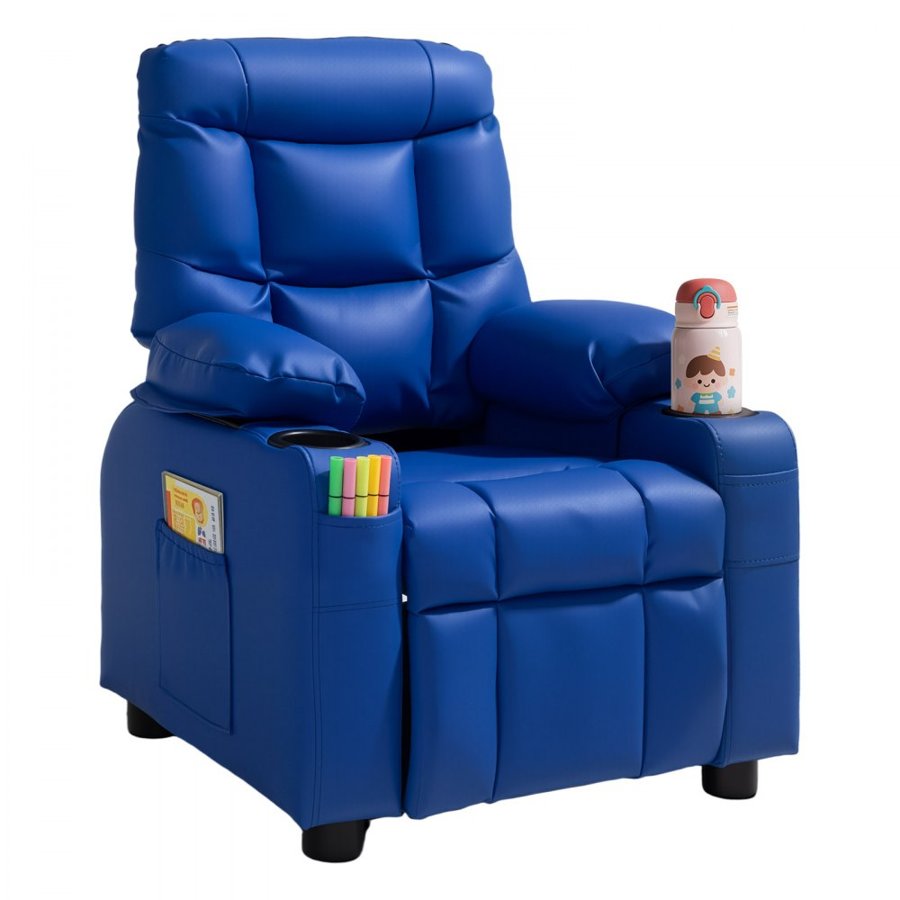 VEVOR Kids Reclining Chair, Toddler Recliner with 2 Cup Holders and 4 Pockets, 107° to 126° Adjustable Back, Easy-to-Clean PU Leather Recliner Couch with Footrest, for Boys, Girls & Children (Blue)