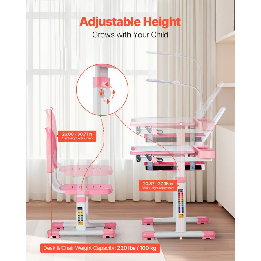 VEVOR Kids Study Chair and Desk Set, Study Desk and Chair for Kids with Table Lamp, Adjustable Height & 0-40° Tilted Desktop Kids Desk and Chair, Children Study Table for Bedroom & Study Room, Pink