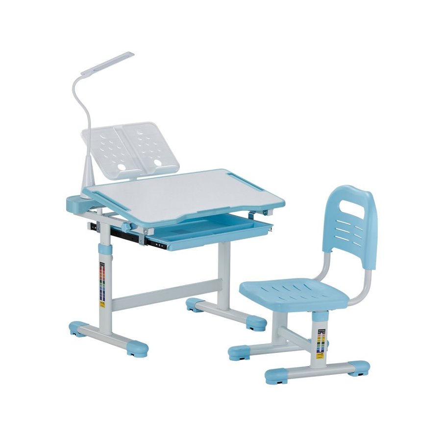 VEVOR Kids Study Chair and Desk Set, Study Desk and Chair for Kids with Table Lamp, Adjustable Height & 0-40° Tilted Desktop Kids Desk and Chair, Children Study Table for Bedroom & Study Room, Blue