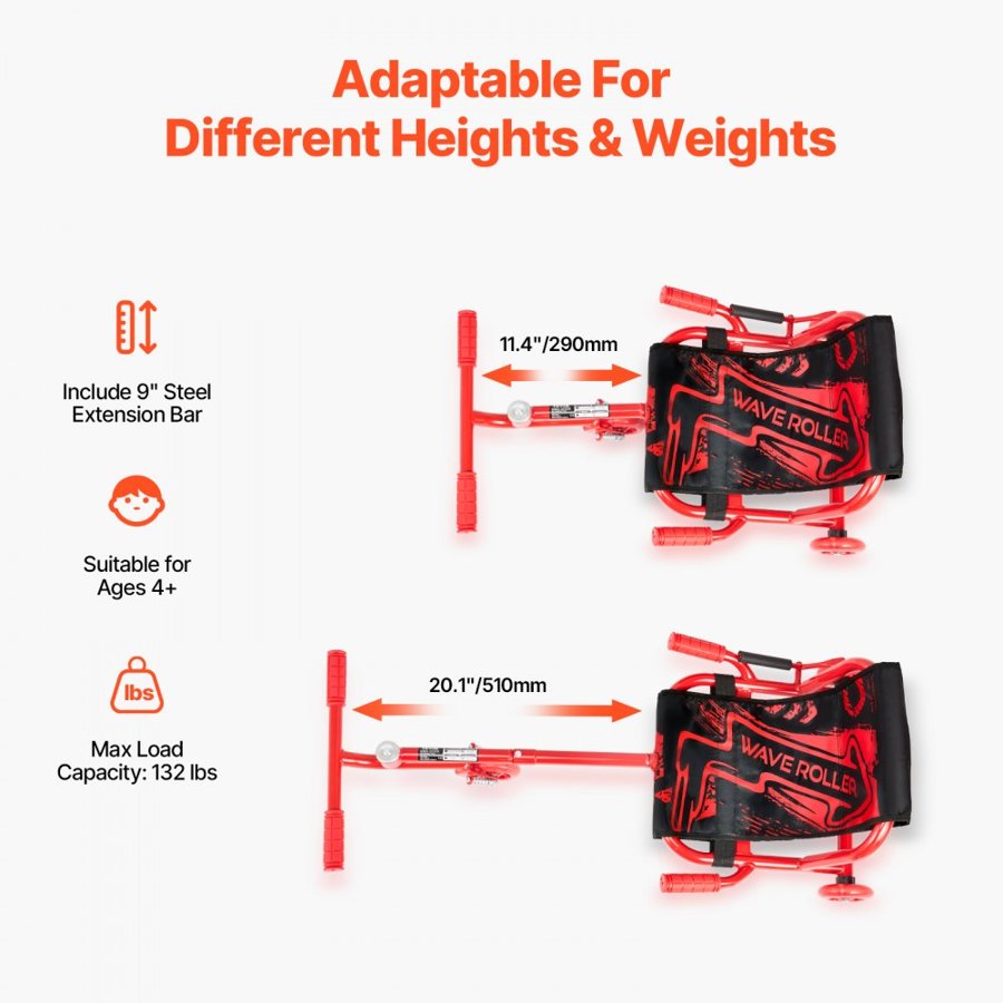 VEVOR Ride on Scooter 60 kg Swing Side-to-Side for Amazing Riding Red, for Ages 4+, Powered by Zig-Zag Motion, Ride on Drifting Toy, with Adjustable Length, for Hard Surface, Indoor & Outdoor