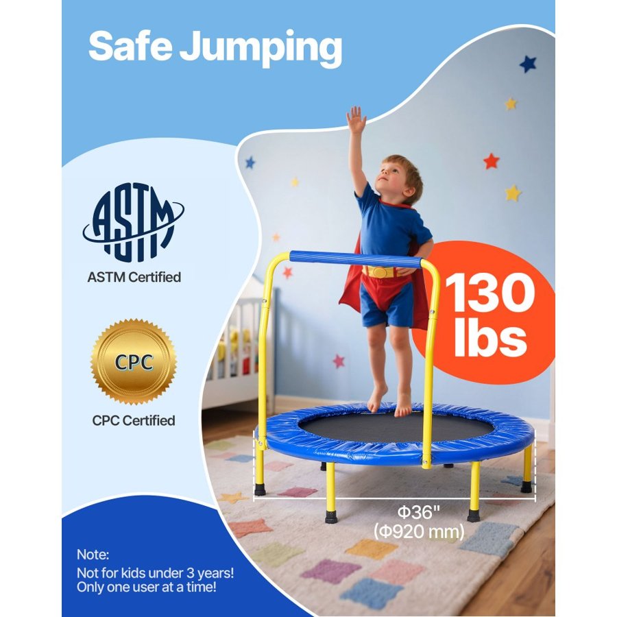VEVOR 91.4 cm Trampoline for Kids, 91.4 cm Trampolines Indoor/Outdoor Trampoline for Toddlers, Foldable Mini Baby Trampoline with Foam Handle, Recreational Trampoline Birthday Gift for 3+ Years Kids