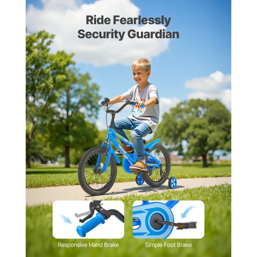 VEVOR Kids Bike, 35.56 cm BMX Style Children Bicycle, Rider Height 90 cm - 115 cm, Training Wheels Included, Sturdy and Easy to Assemble, Toddler Bike for Boys & Girls Learning to Ride, Blue