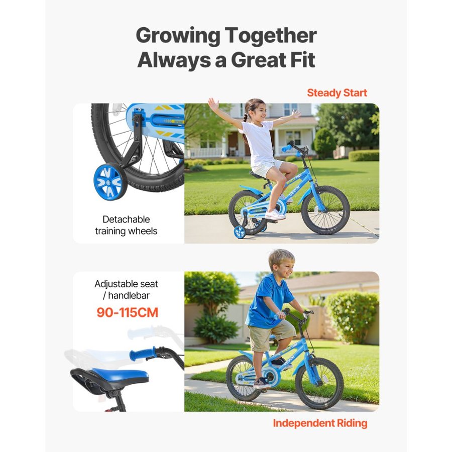 VEVOR Kids Bike, 35.56 cm BMX Style Children Bicycle, Rider Height 90 cm - 115 cm, Training Wheels Included, Sturdy and Easy to Assemble, Toddler Bike for Boys & Girls Learning to Ride, Blue