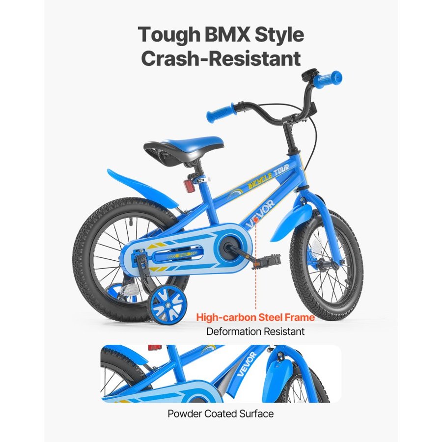 VEVOR Kids Bike, 35.56 cm BMX Style Children Bicycle, Rider Height 90 cm - 115 cm, Training Wheels Included, Sturdy and Easy to Assemble, Toddler Bike for Boys & Girls Learning to Ride, Blue