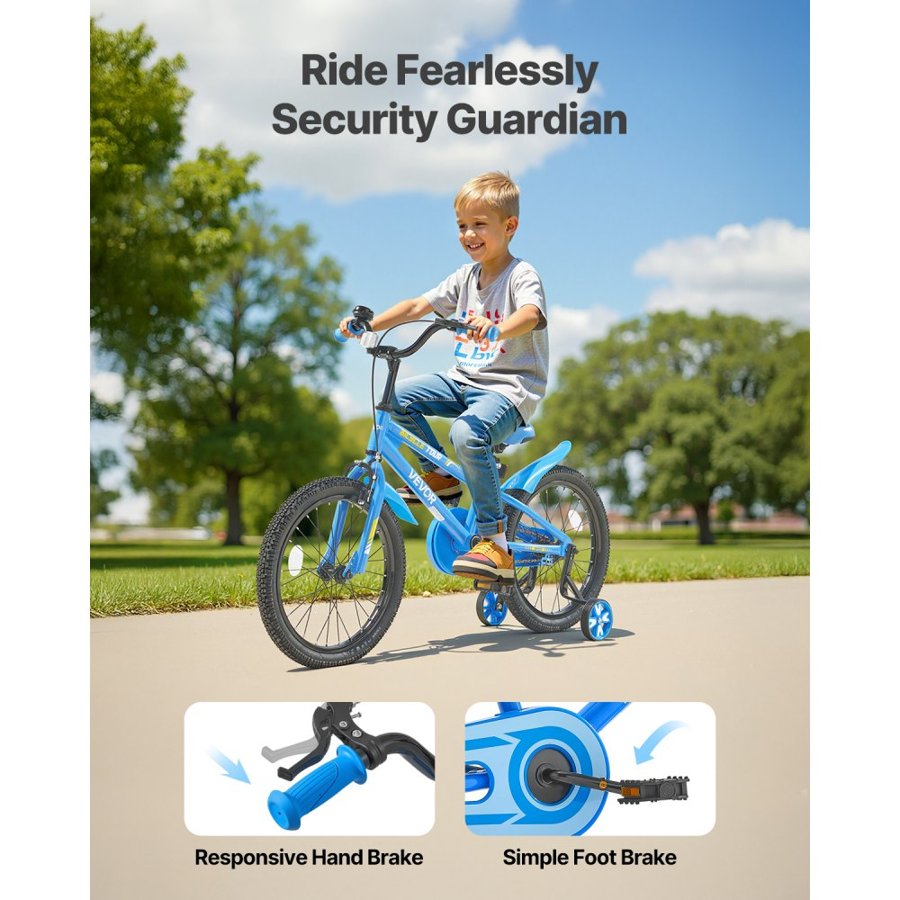 VEVOR Kids Bike, 45.72 cm BMX Style Children Bicycle, Rider Height 110 cm - 140 cm, Training Wheels Included, Sturdy and Easy to Assemble, Toddler Bike for Boys & Girls Learning to Ride, Blue