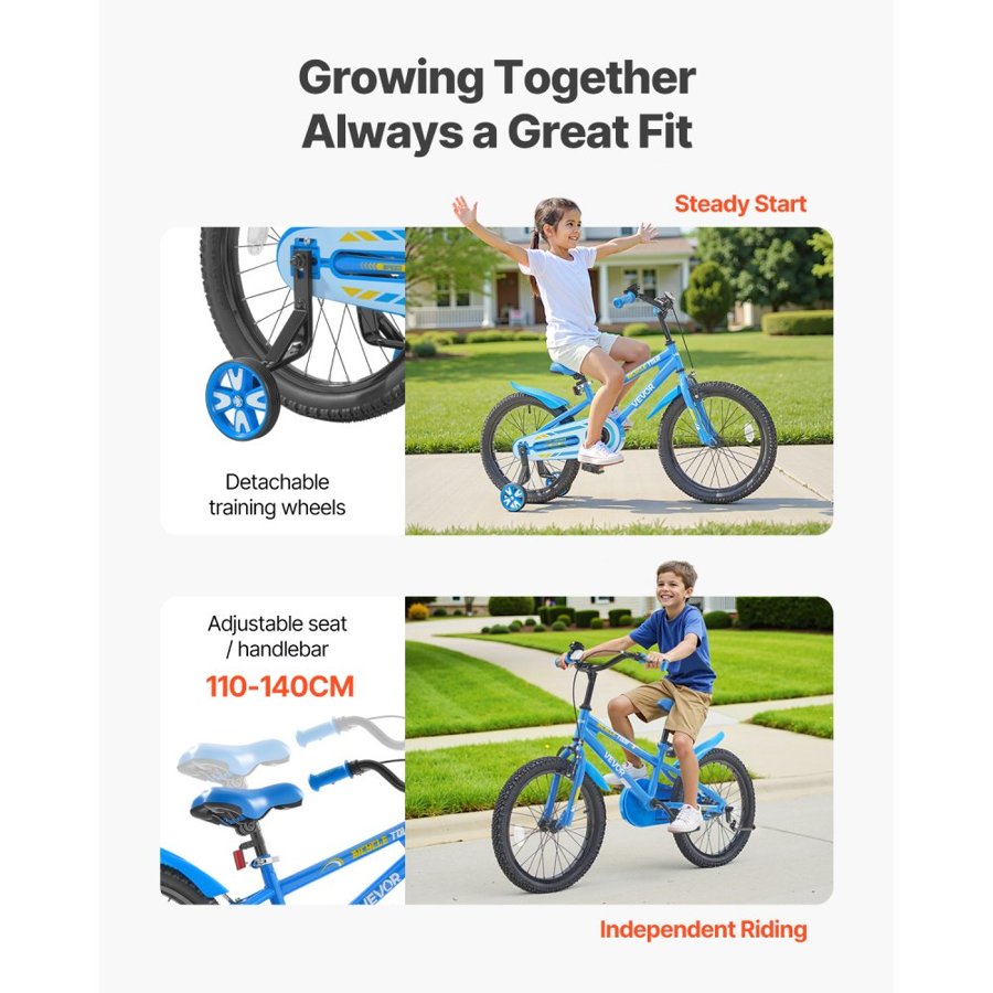 VEVOR Kids Bike, 45.72 cm BMX Style Children Bicycle, Rider Height 110 cm - 140 cm, Training Wheels Included, Sturdy and Easy to Assemble, Toddler Bike for Boys & Girls Learning to Ride, Blue