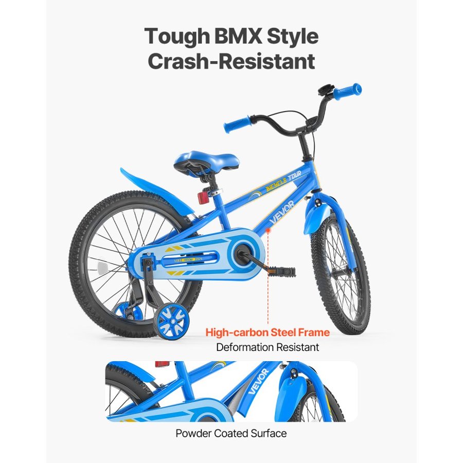 VEVOR Kids Bike, 45.72 cm BMX Style Children Bicycle, Rider Height 110 cm - 140 cm, Training Wheels Included, Sturdy and Easy to Assemble, Toddler Bike for Boys & Girls Learning to Ride, Blue