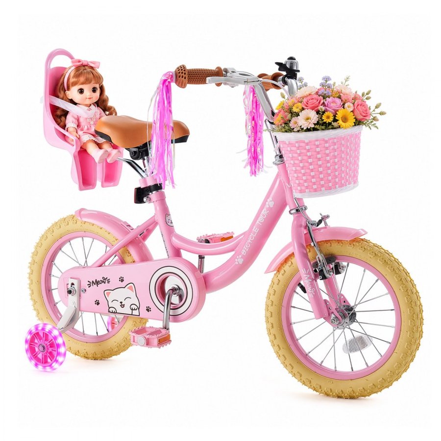 VEVOR Kids Bike, 14 Inch Children Bicycle, Training Wheels Princess Pink, for Girls Ages 3-5, Adjustable Seat, Front Brake and Rear Coaster Brake, Front Basket, Doll Seat, High-Carbon Steel Frame