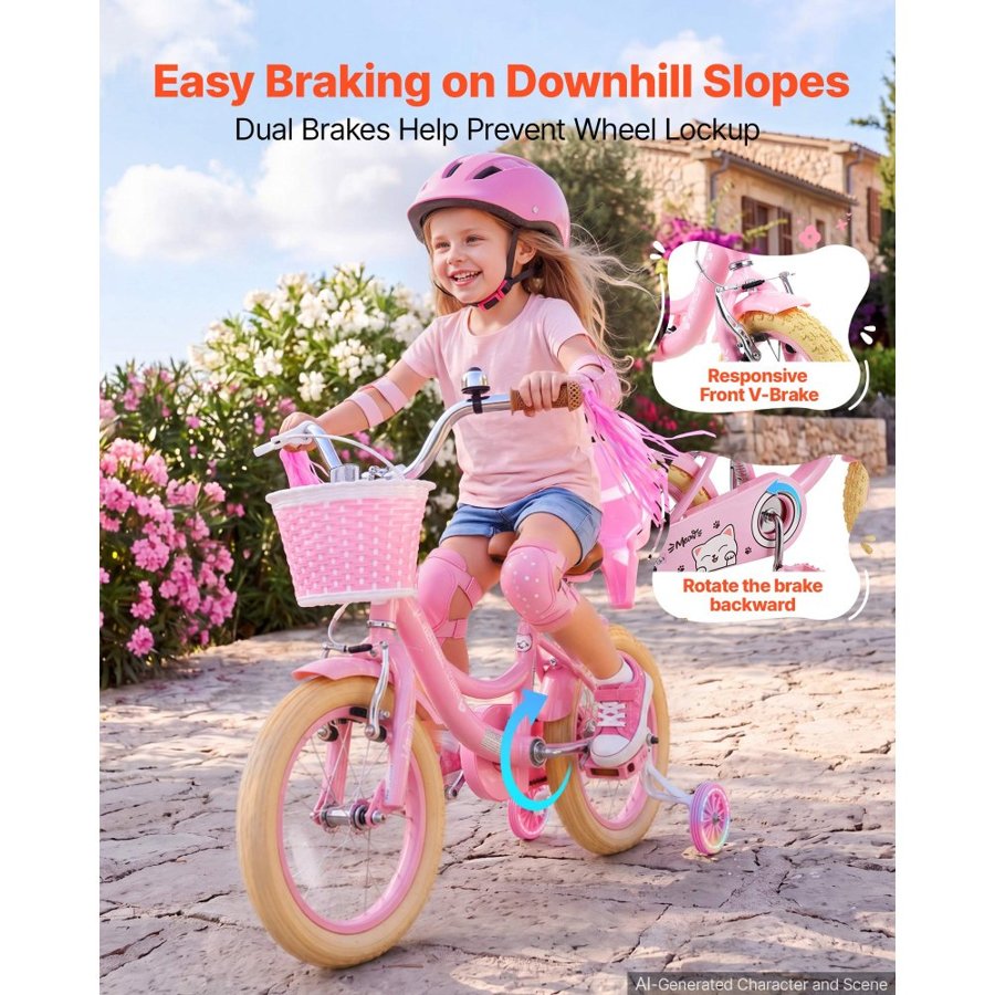VEVOR Kids Bike, 14 Inch Children Bicycle, Training Wheels Princess Pink, for Girls Ages 3-5, Adjustable Seat, Front Brake and Rear Coaster Brake, Front Basket, Doll Seat, High-Carbon Steel Frame