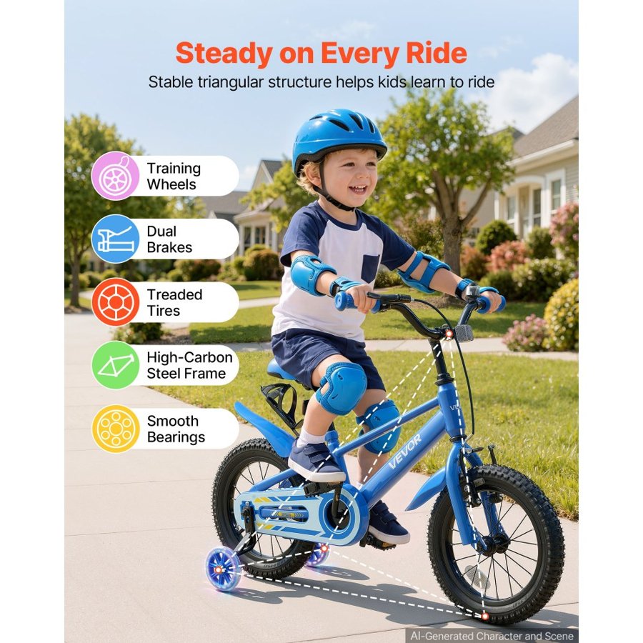 VEVOR Kids Bike, 14 Inch Children Bicycle, Training Wheels BMX Style Blue, for Boys Girls Ages 3-5, Adjustable Seat & Handlebar, Front Brake & Rear Coaster Brake, Cup Holder, High-Carbon Steel Frame