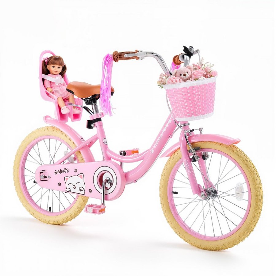 VEVOR Kids Bike, 18 Inch Children Bicycle, Kickstand Princess Style Pink, for Girls Ages 5-8, Adjustable Seat, Front Brake and Rear Drum Brake, Front Basket, Doll Seat, High-Carbon Steel Frame