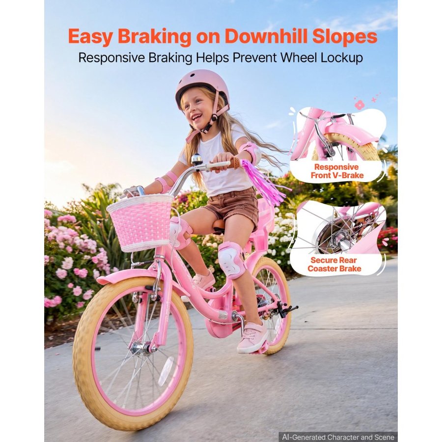 VEVOR Kids Bike, 18 Inch Children Bicycle, Kickstand Princess Style Pink, for Girls Ages 5-8, Adjustable Seat, Front Brake and Rear Drum Brake, Front Basket, Doll Seat, High-Carbon Steel Frame