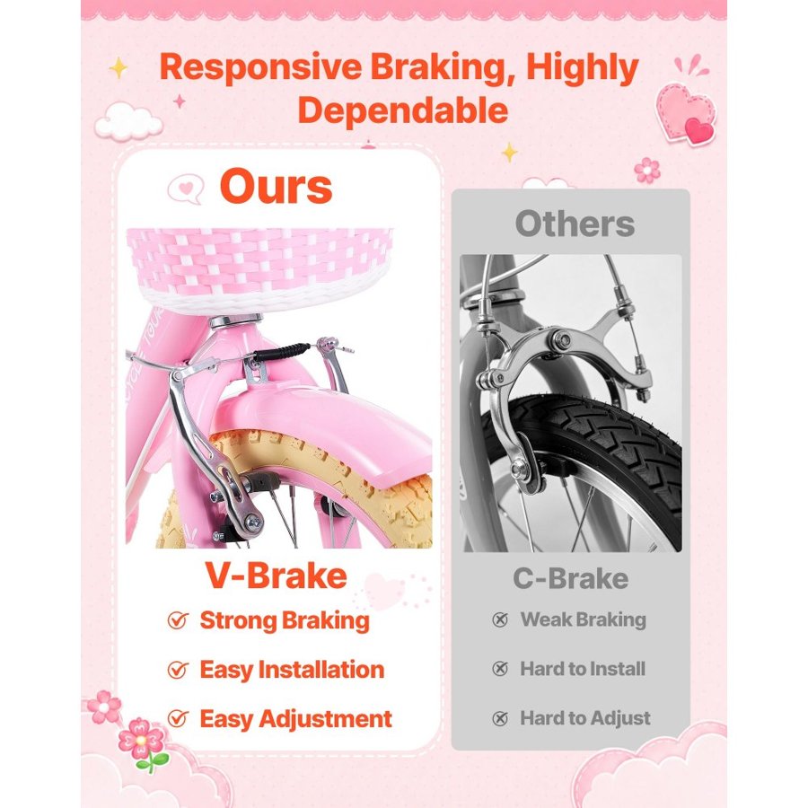 VEVOR Kids Bike, 18 Inch Children Bicycle, Kickstand Princess Style Pink, for Girls Ages 5-8, Adjustable Seat, Front Brake and Rear Drum Brake, Front Basket, Doll Seat, High-Carbon Steel Frame