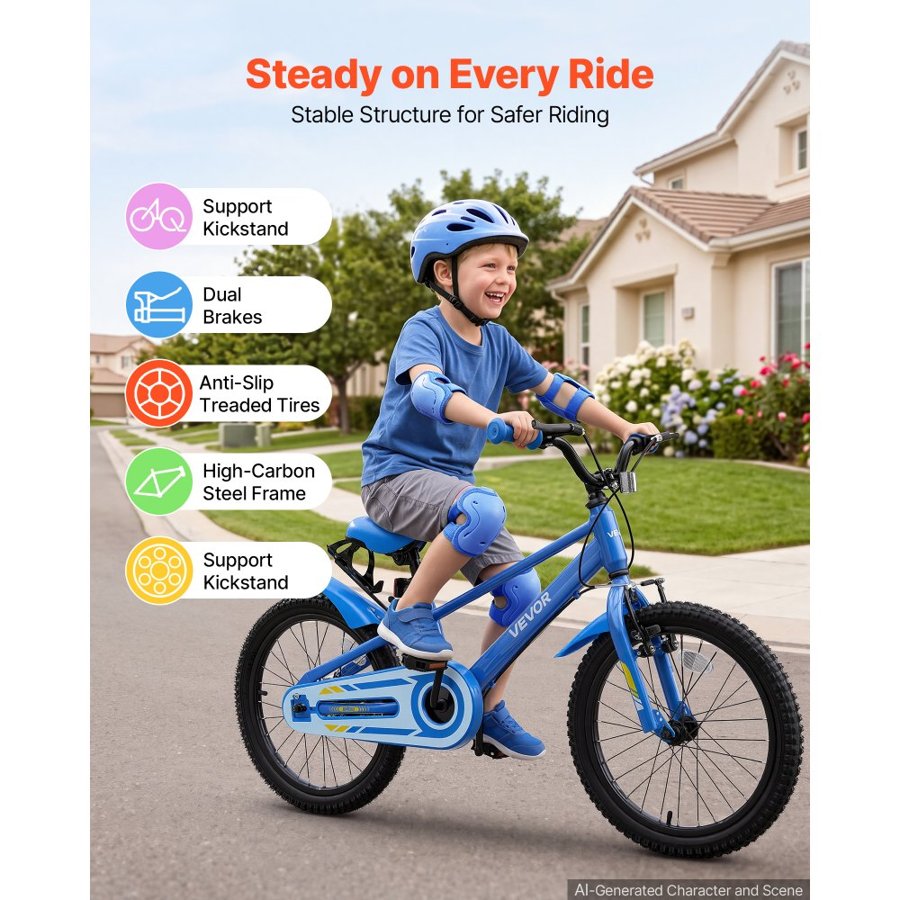 VEVOR Kids Bike, 18 in Children Bicycle, with Kickstand BMX Style Blue, for Boys Girls Ages 5-8, Adjustable Seat & Handlebar, Front Brake and Rear Drum Brake, Cup Holder, High-Carbon Steel Frame