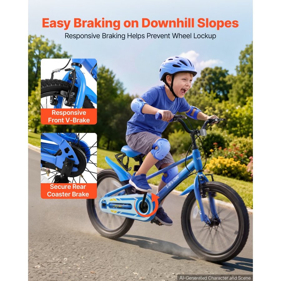 VEVOR Kids Bike, 18 in Children Bicycle, with Kickstand BMX Style Blue, for Boys Girls Ages 5-8, Adjustable Seat & Handlebar, Front Brake and Rear Drum Brake, Cup Holder, High-Carbon Steel Frame
