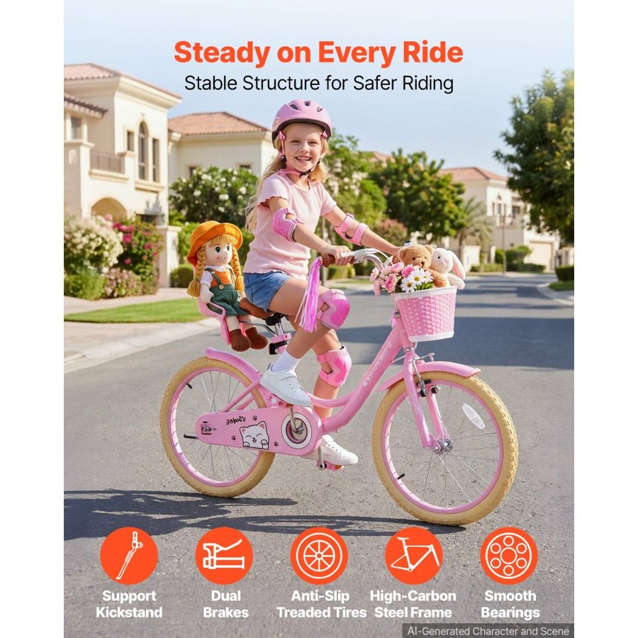 VEVOR Kids Bike, 20 in Children Bicycle, Kickstand Princess Style Pink, for Girls Ages 7-13, Adjustable Seat, Front Brake and Rear Drum Brake, Front Basket, Doll Seat, High-Carbon Steel Frame