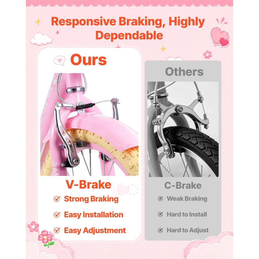 VEVOR Kids Bike, 20 in Children Bicycle, Kickstand Princess Style Pink, for Girls Ages 7-13, Adjustable Seat, Front Brake and Rear Drum Brake, Front Basket, Doll Seat, High-Carbon Steel Frame