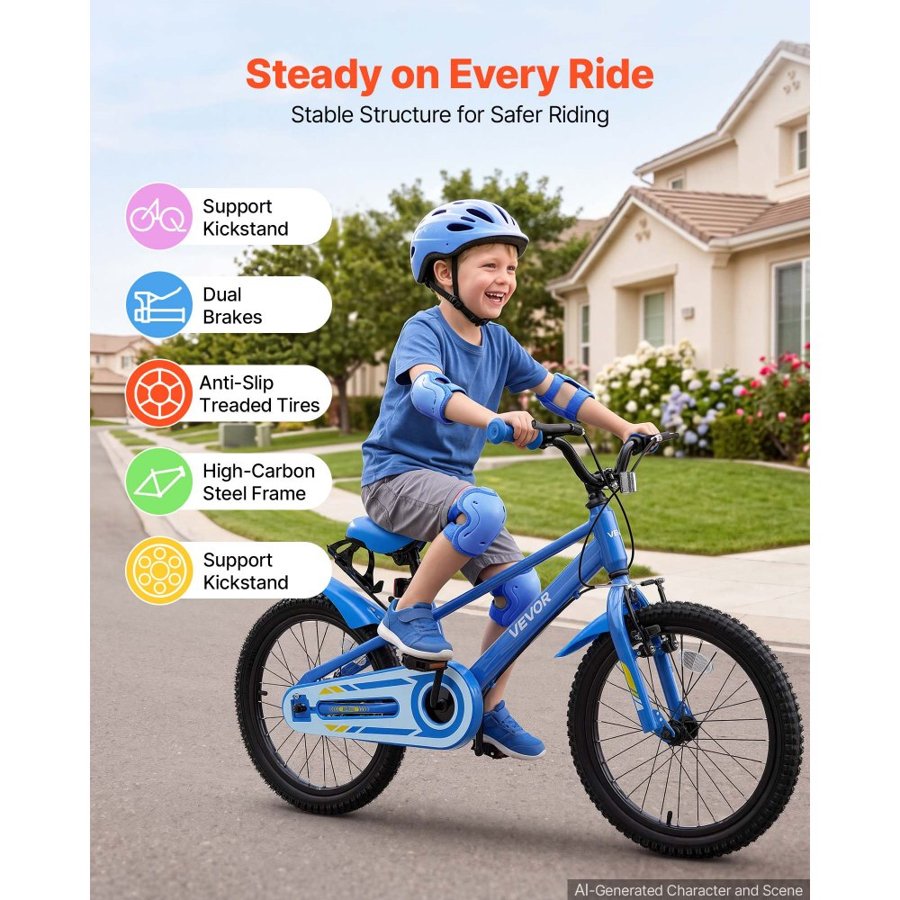VEVOR Kids Bike, 20 in Children Bicycle, with Kickstand BMX Style Blue, for Boys Girls Ages 7-13, Adjustable Seat & Handlebar, Front Brake and Rear Drum Brake, Cup Holder, High-Carbon Steel Frame