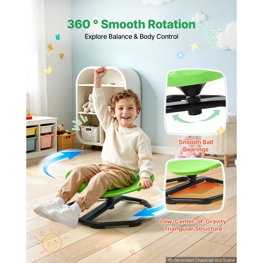 VEVOR Spinning Chair for Autistic Kids Ages 2-6 Autism Sensory Toy 50 kg, Sensory Swivel Seat Products for Children ADHD, Training Body Coordination Balance, 430 mm x 355 mm, Rounded Shape, Green
