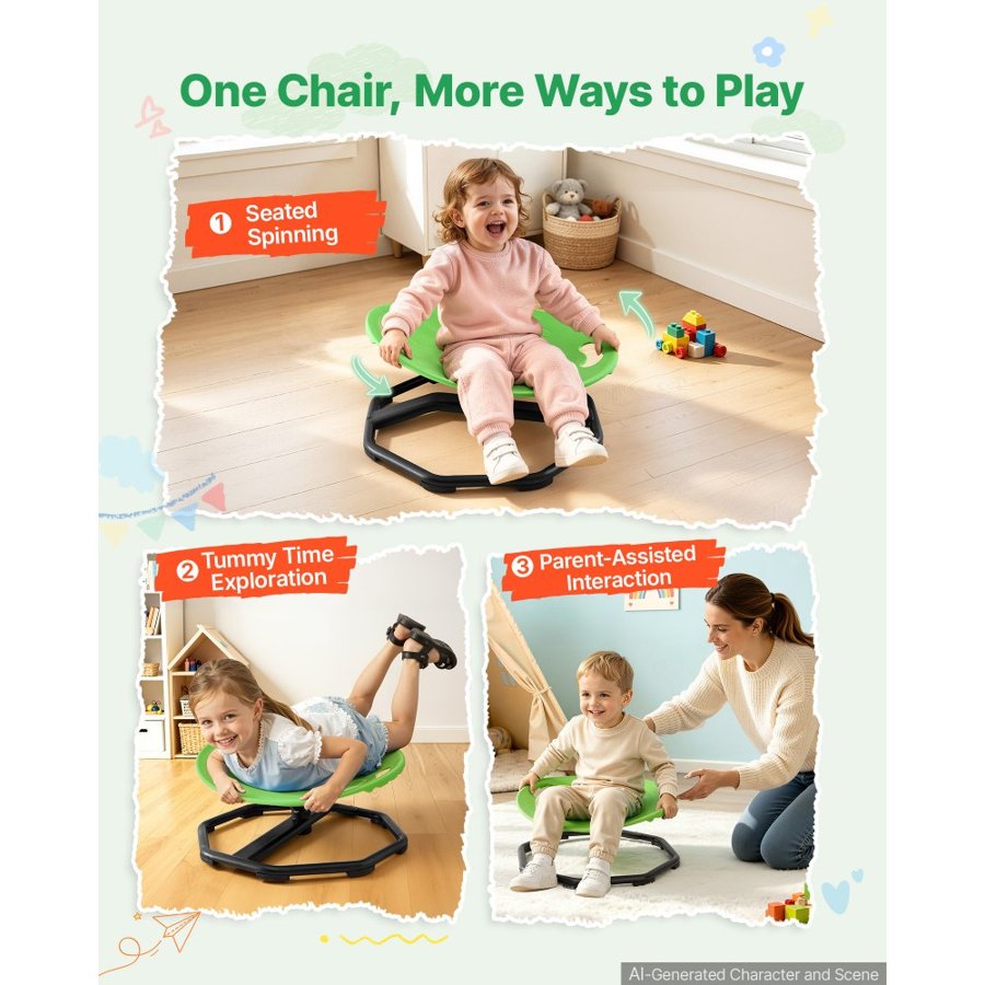 VEVOR Spinning Chair for Autistic Kids Ages 2-6 Autism Sensory Toy 50 kg, Sensory Swivel Seat Products for Children ADHD, Training Body Coordination Balance, 430 mm x 355 mm, Rounded Shape, Green