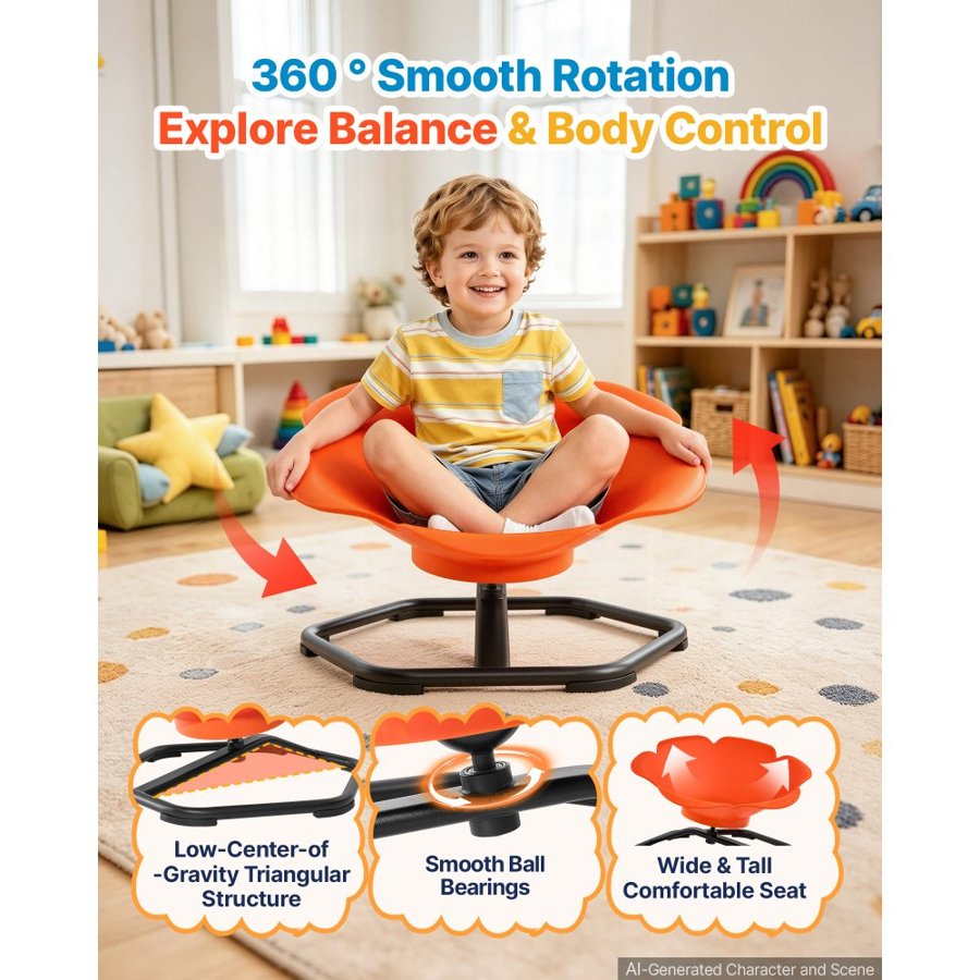 VEVOR Spinning Chair for Autistic Kids Ages 3-12 Autism Sensory Toy 100 kg, Sit and Spin Swivel Seat for Children ADHD, Secure & Supportive Backrest, Training Body Coordination, 650 mm x 650 mm, Orange