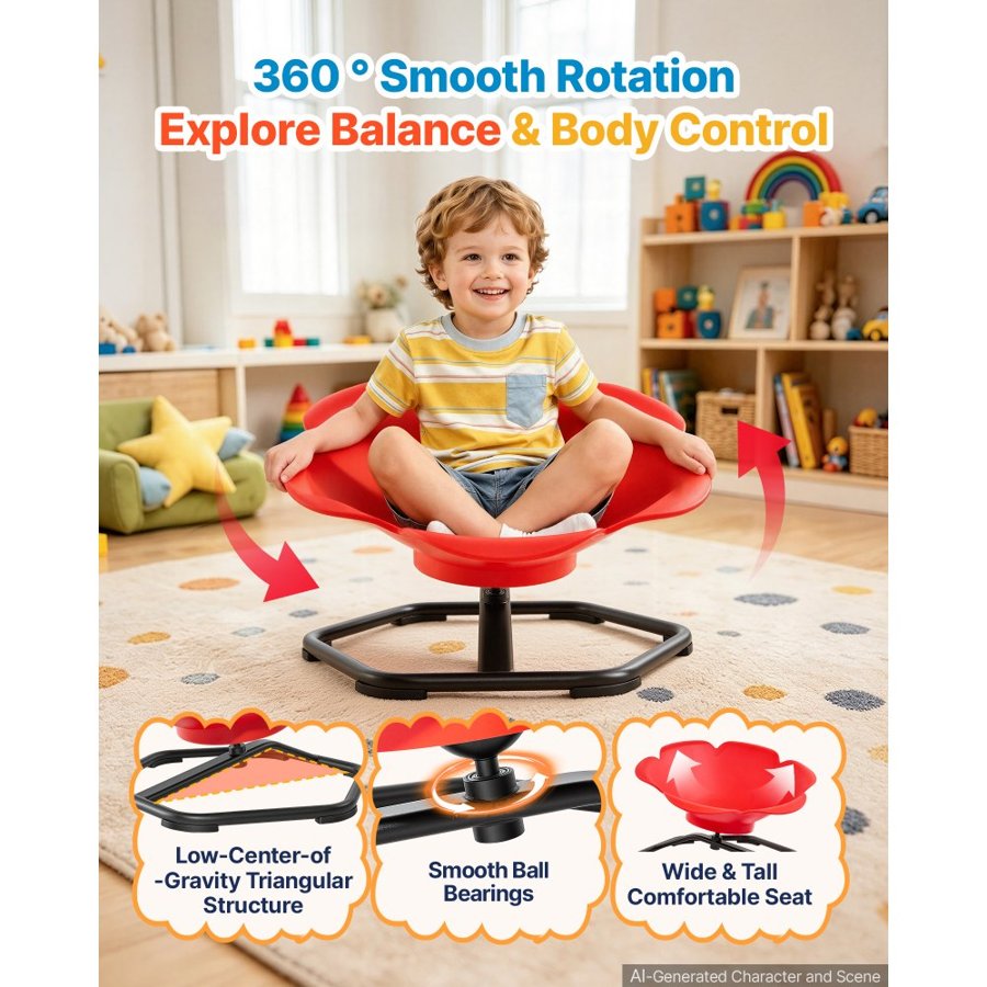 VEVOR Spinning Chair for Autistic Kids Ages 3-12 Autism Sensory Toy 100 kg, Sit and Spin Swivel Seat for Children ADHD, Secure & Supportive Backrest, Training Body Coordination, 650 mm x 650 mm, Red