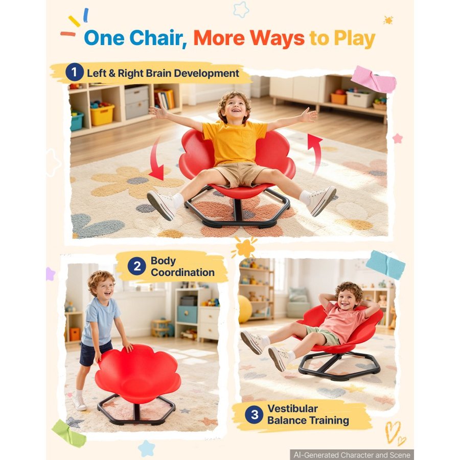 VEVOR Spinning Chair for Autistic Kids Ages 3-12 Autism Sensory Toy 100 kg, Sit and Spin Swivel Seat for Children ADHD, Secure & Supportive Backrest, Training Body Coordination, 650 mm x 650 mm, Red